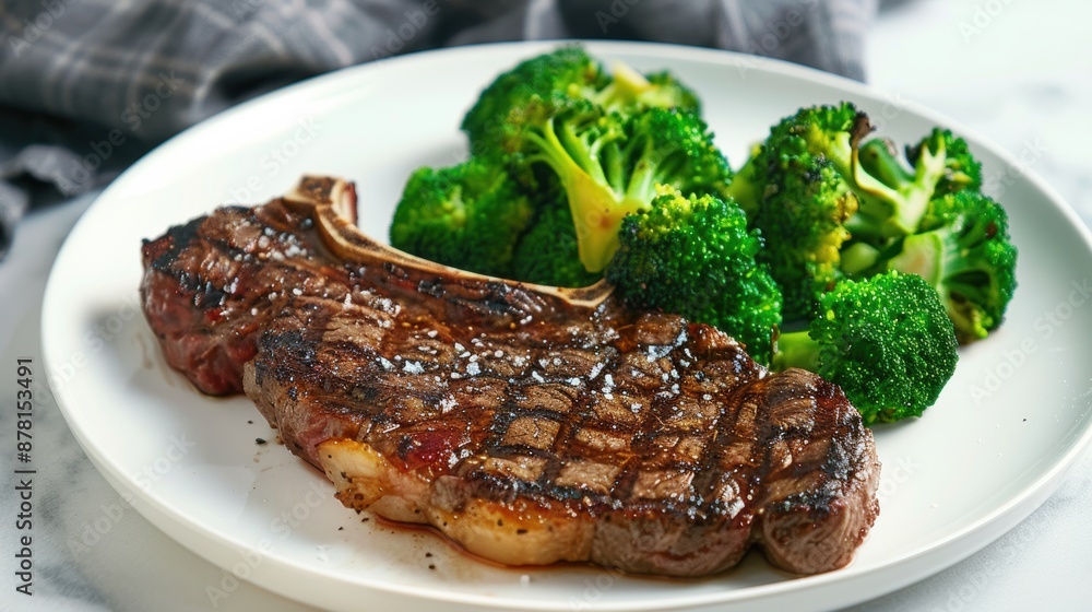 Steak served with broccoli on a white plate. Low carb diet concept Steak served with broccoli on a white plate. Low carb diet concept
