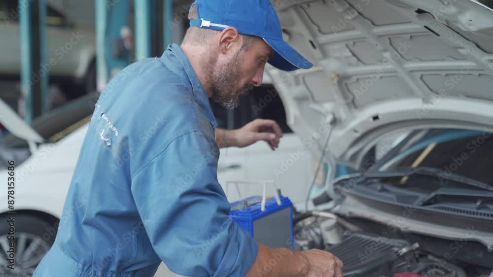 Mechanic working on a car engine. A auto mechanic carries a replacement car battery for car electrical maintenance. Mechanic working on a car engine. A auto mechanic carries a replacement car battery for car electrical maintenance.
