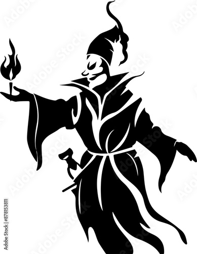 Black and White Mage Silhouette with Flame: Enigma and Mysticism