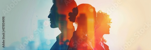 Silhouettes of Three People Standing Together - Silhouettes of three people standing together in front of an urban backdrop. The image represents teamwork, collaboration, and the pursuit of success. -