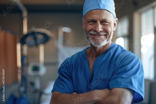 Surgeon Man in his 60s Crossing Arms with Calm Confidence Indoors © AIGen