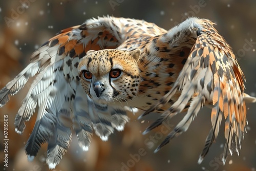 AI generated illustration of a hybrid animal combining an owl and a cheetah in mid-flight