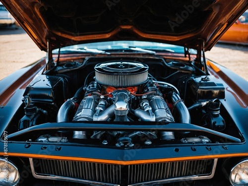 Old, vintage, american muscle car with open hood and the high capacity, strong engine clearly visible 