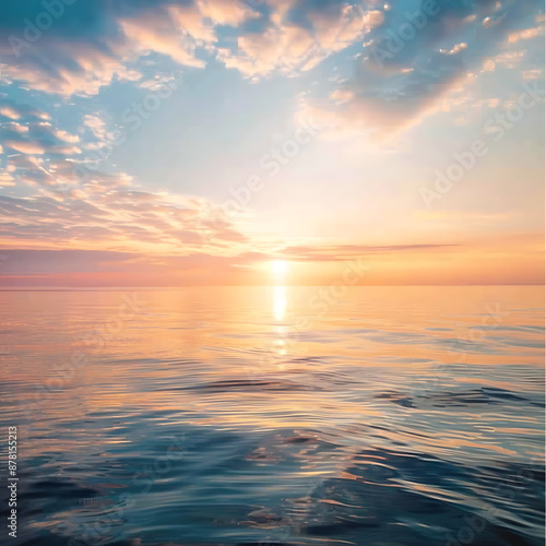 A serene sunrise over a calm sea with soft pastel skies and reflections. The sun rises on the horizon, casting long shadows on the ocean surface. Gentle breezes create ripples, with scattered clouds a