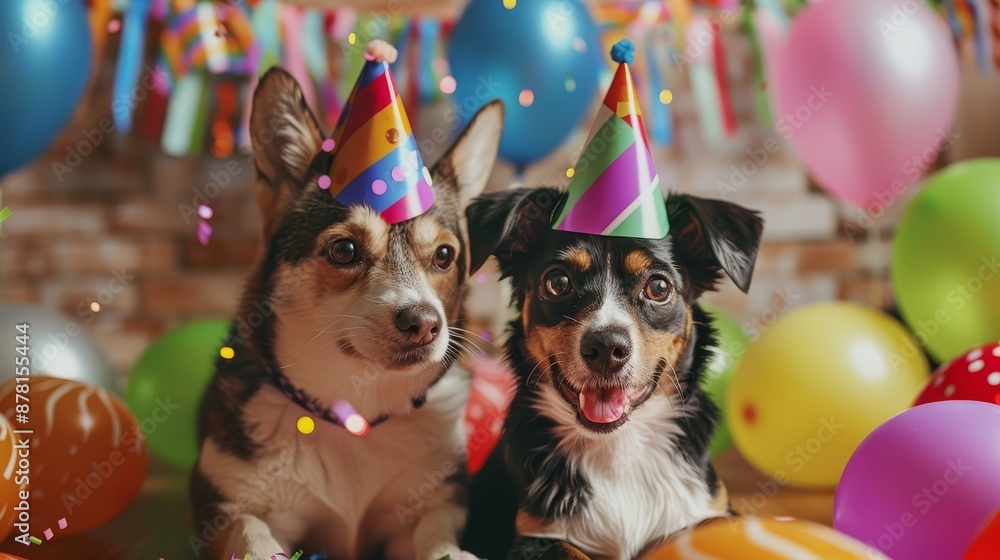 Two Dogs Celebrate Birthday with Party Hats and Balloons - Two dogs ...