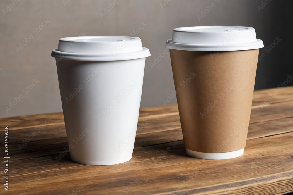 Coffee Cups with shadow on a Wooden Table in front of the Coffee Shop Wall for Mockup Coffee Cups with shadow on a Wooden Table in front of the Coffee Shop Wall for Mockup
