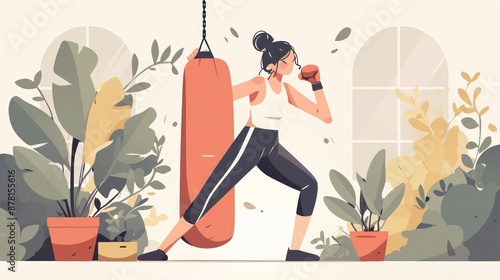 Graphic art of a female athlete doing warm up boxing exercises with a punching bag in the gym inside her home, wearing sportswear and having a focused expression on her face with confidence
