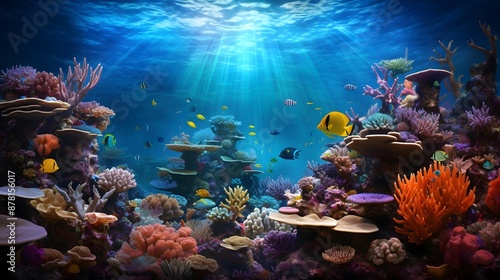 Underwater view of coral reef with fishes and corals. Panorama © Iman