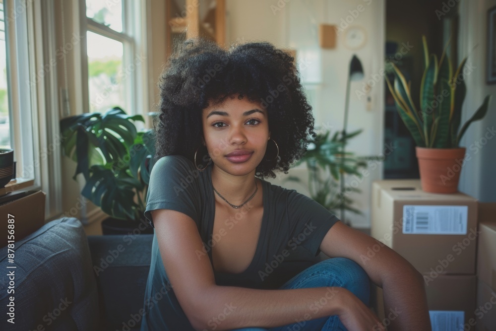 happy confident diverse woman sitting near carton box in new apartment after moving. Real estate, mortgage, banking and moving services. happy confident diverse woman sitting near carton box in new apartment after moving. Real estate, mortgage, banking and moving services.