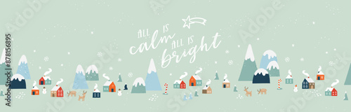 Cute hand drawn seamless Winter landscape with cute houses, trees and snow, vector design