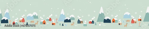 Cute hand drawn seamless Winter landscape with cute houses, trees and snow, vector design