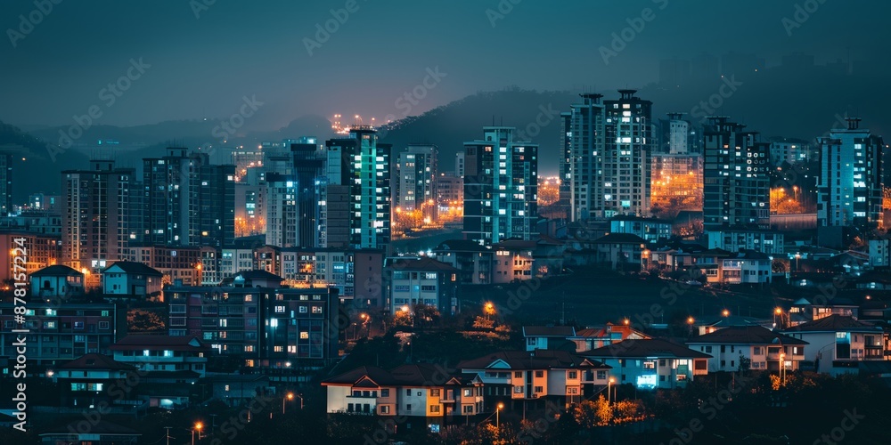 Obraz premium Glowing Cityscape: Real Estate Website Background