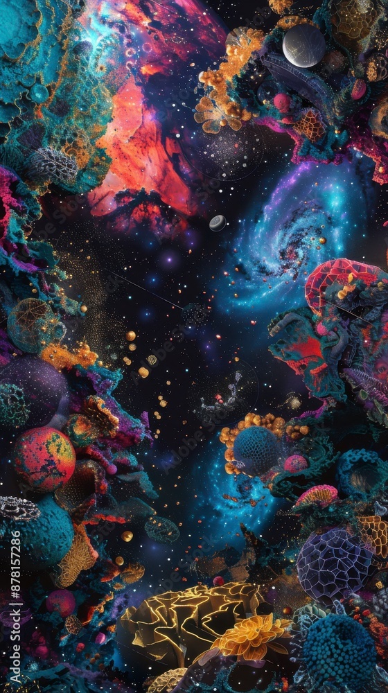 A vibrant and surreal scene with galaxies and organic shapes in space A vibrant and surreal scene with galaxies and organic shapes in space