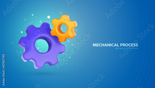 3d cartoon cog wheels vector illustration. Customer support icon. Gear icons. Technical support engineering blue background concept. 