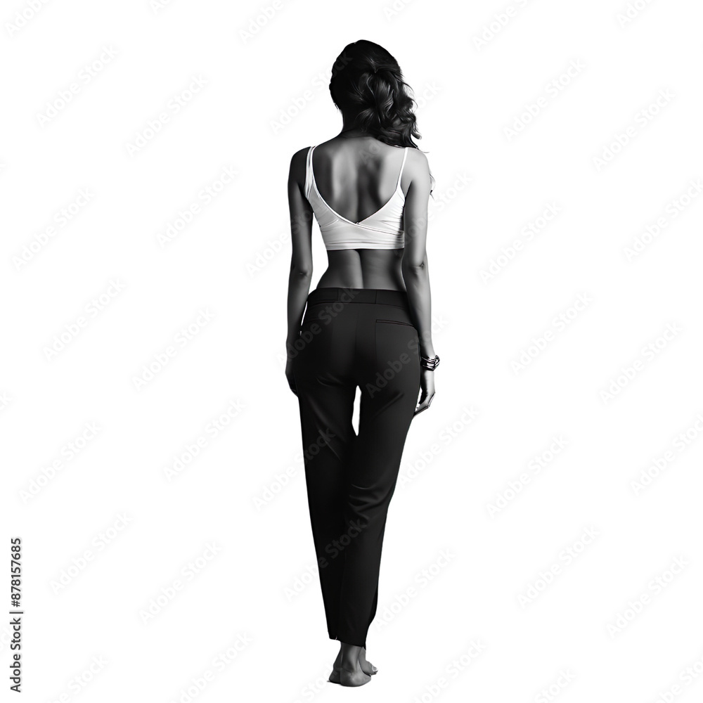 View from back of silhouette of a woman isolated on a white background, dressed with white shirt and black pants, png background View from back of silhouette of a woman isolated on a white background, dressed with white shirt and black pants, png background