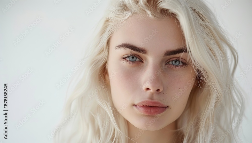 Fototapeta premium Skincare, salon, perfect face skin after detox, vitamins, collagen, isolated on grey background, wellness wellbeing concept. blonde curly hairstyle dye .Fashion, cosmetics and makeup