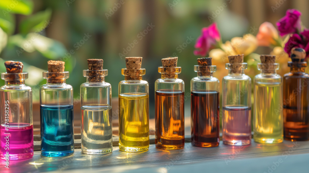 Colorful glass bottles of essential oils and fragrance with cork stoppers arranged in a line on a wooden table aromatic therapy concept Colorful glass bottles of essential oils and fragrance with cork stoppers arranged in a line on a wooden table aromatic therapy concept
