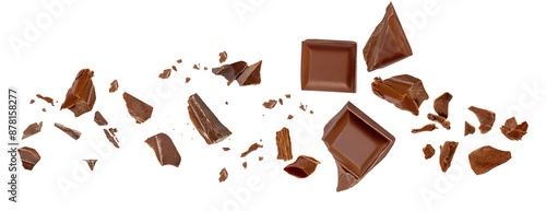  Levitating milk chocolate chunks isolated on white background. Broken chocolate bar pieces and cocoa crumbs explotion  on white background. Chocolate collection.