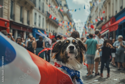 Fototapeta Naklejka Na Ścianę i Meble -  festive atmosphere of Bastille Day  dog dressed in patriotic colors, waving a French flag as it joins in the celebrations along the bustling streets Paris