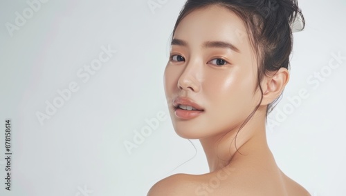 Skin care. Korean Woman with beauty face touching healthy facial skin portrait. Beautiful smiling asian girl model with natural makeup touching glowing hydrated skin on blue background closeup.