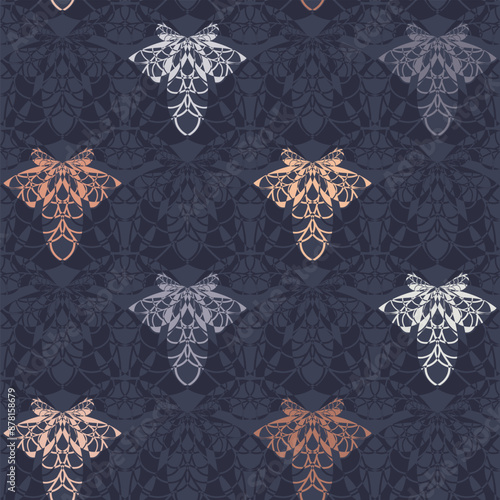 Stylised ornamental seamless vector honey bee pattern in shades of purple and orange. Abstract geometric  insect background with regularly repeating texture for home decor, wallpaper and fashion.