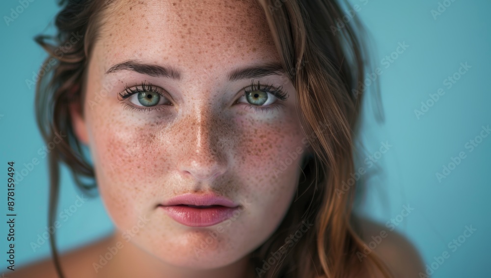 Fototapeta premium A beautiful woman with brown hair and freckles Beautiful young woman with flawless skin. Portrait of a beautiful model wearing natural nude makeup. Spa, skincare, and wellbeing. White background