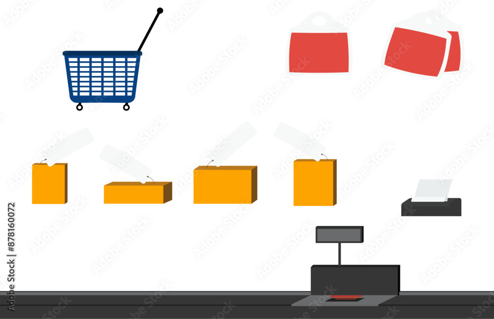 A collection of elements related to shopping, including a shopping cart, shopping bags, product boxes, receipt printer and checkout counter A collection of elements related to shopping, including a shopping cart, shopping bags, product boxes, receipt printer and checkout counter