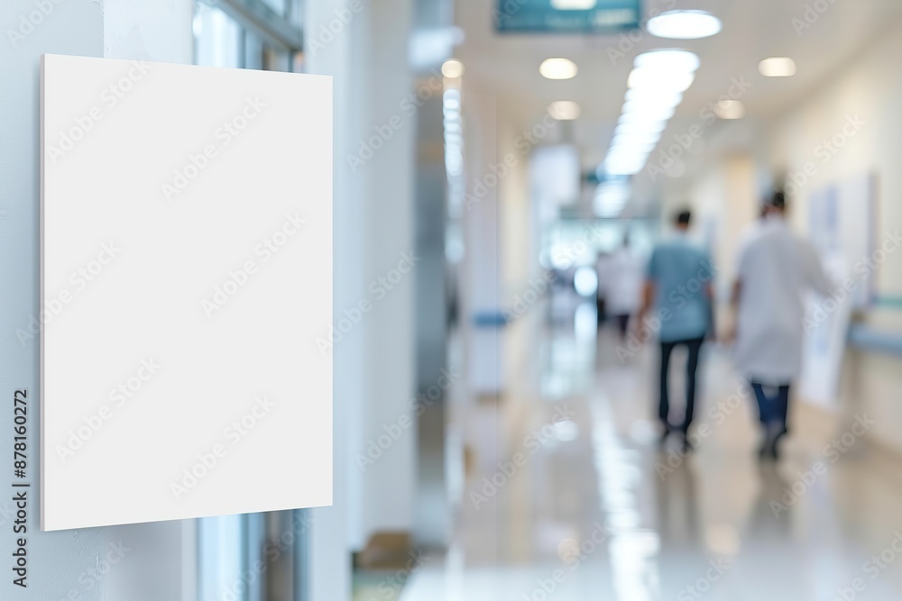 Fototapeta premium Mock-Up promotion poster displayed on the front of bright blur medical clinic, hospital interior background with defocused effect. Blank A4 white paper on abstract defocused luxury office corridor. Ad