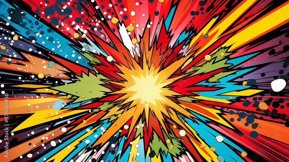 Dynamic Colorful Comic Explosion Illustration with Radiating Lines and Intense Colors Dynamic Colorful Comic Explosion Illustration with Radiating Lines and Intense Colors