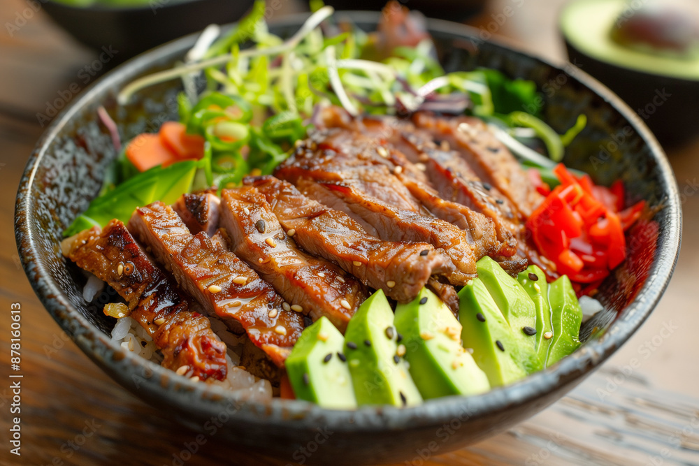 Japanese food. Grilled beef with rice, avocado and arugula Japanese food. Grilled beef with rice, avocado and arugula