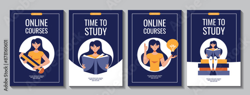 Set of flyers with Women with huge pencil, book, bulb icon. Flat style vector illustration for education, knowledge, studying, reading, creating concept.