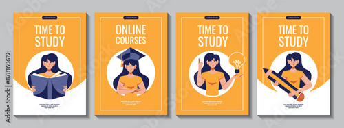 Set of flyers with Women with book, huge pencil, bulb icon, graduation cap.