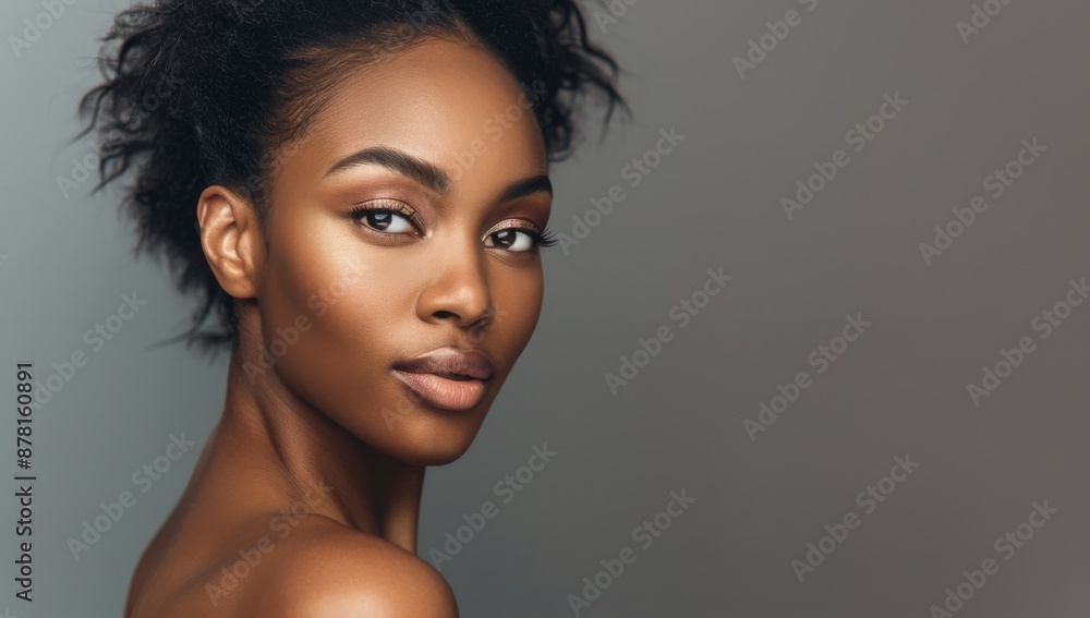 Black woman, beauty and skincare in salon, face portrait for natural afro, facial or hair care cosmetics. Healthy, beautiful model with curly hair skin shine studio isolated background. Copy space. Black woman, beauty and skincare in salon, face portrait for natural afro, facial or hair care cosmetics. Healthy, beautiful model with curly hair skin shine studio isolated background. Copy space.