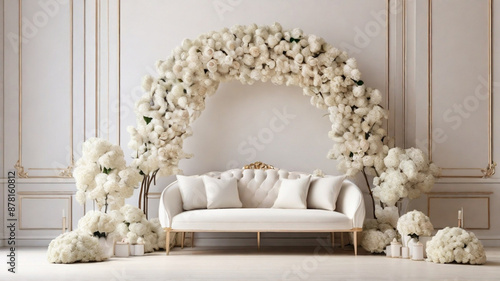 Elegant and luxorious white flower arch, event, wedding decor,backdrop photo