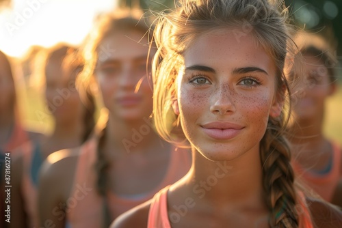 A smiling young woman with freckles enjoys a sunny day outdoors, standing out among a group with her natural beauty, radiance, and the lively spirit of a bright, sunny atmosphere.