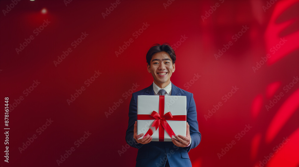Asian businessman holding white gift box with red ribbon isolated on red wall Asian businessman holding white gift box with red ribbon isolated on red wall