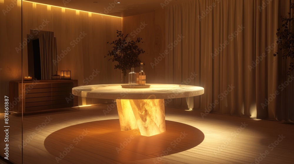 An intimate dining space with a round quartz table and soft, ambient lighting An intimate dining space with a round quartz table and soft, ambient lighting