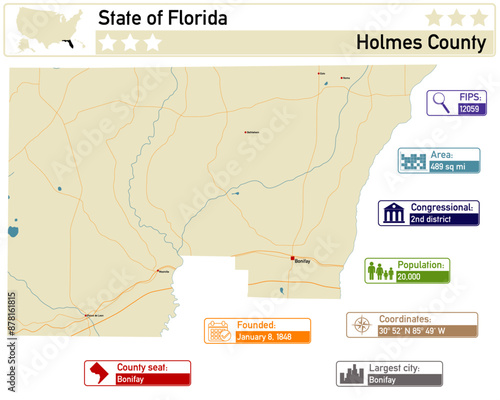 Detailed infographic and map of Holmes County in Florida USA.
