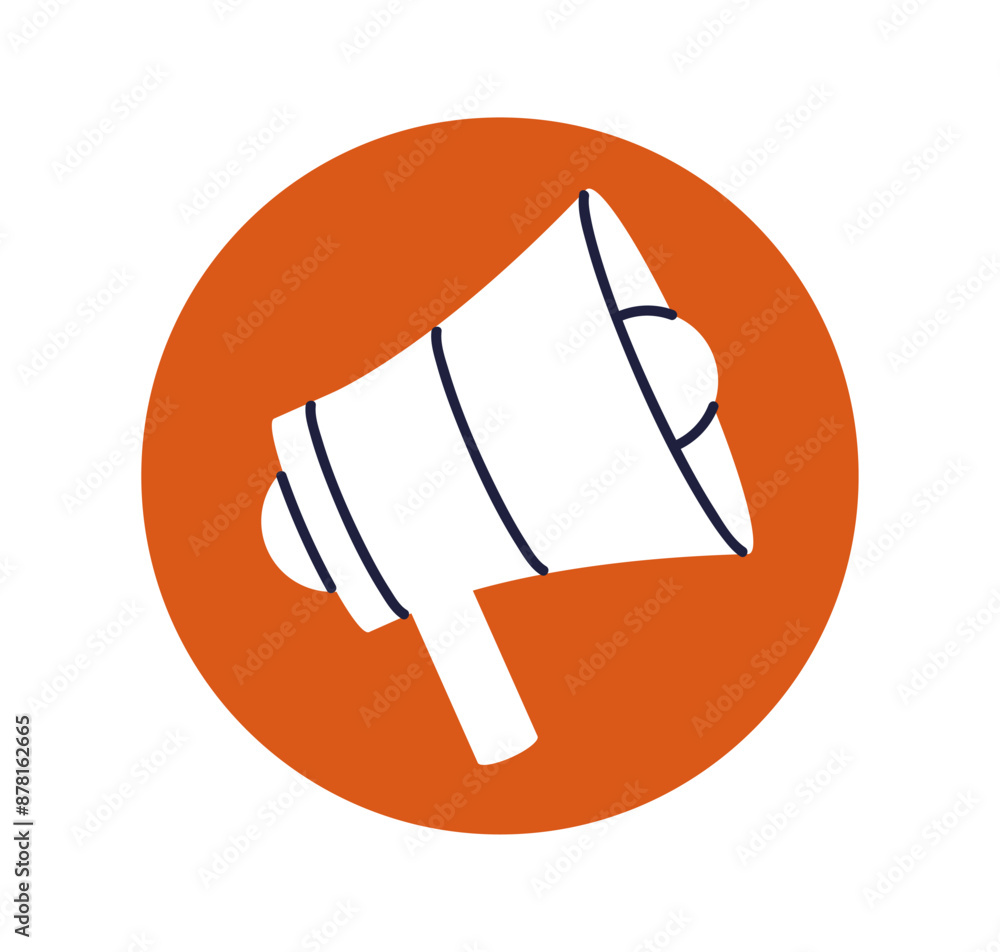 Loudspeaker icon, bullhorn symbol. Megaphone in circle, announcing, notifying news, marketing communication sticker. Announcement, loud speaker. Flat vector illustration isolated on white background Loudspeaker icon, bullhorn symbol. Megaphone in circle, announcing, notifying news, marketing communication sticker. Announcement, loud speaker. Flat vector illustration isolated on white background