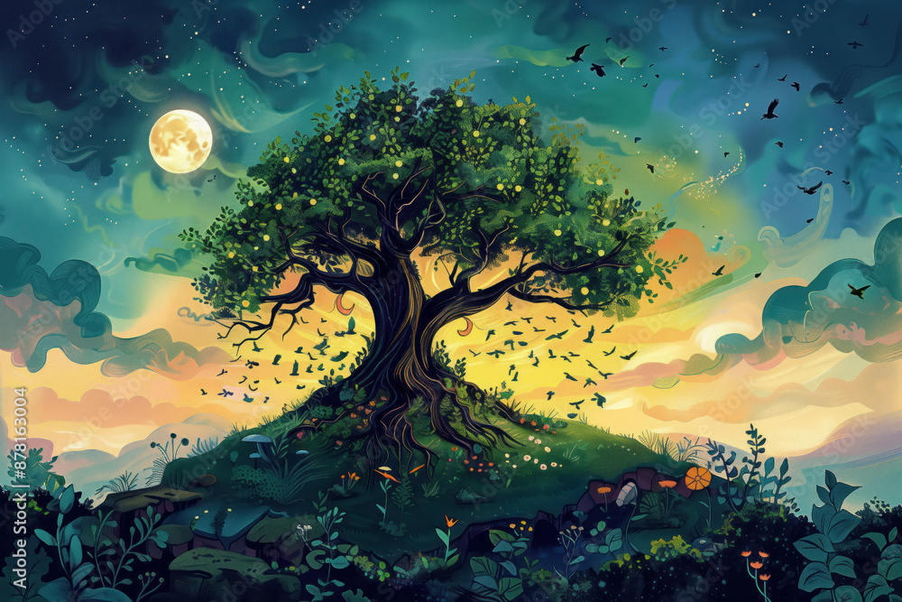 Picturesque view of a lone mighty tree with falling leaves, lush greenery and setting sun Picturesque view of a lone mighty tree with falling leaves, lush greenery and setting sun