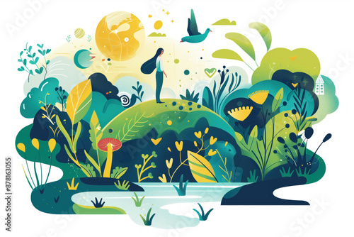 Nature illustration with trees and a river. Bright nature drawing reflecting ecosystem harmony.