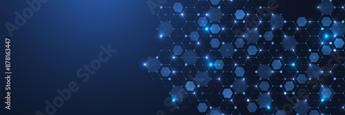 Modern health care or medical background design. Health care innovation concept. Horizontal header web banner. Abstract geometric background with hexagon shapes for medicine, science, chemistry.