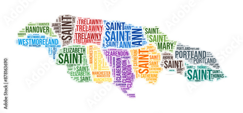Jamaica region word cloud. Country shape design. Jamaica colored illustration. Region names collage cloud. Vector illustration.