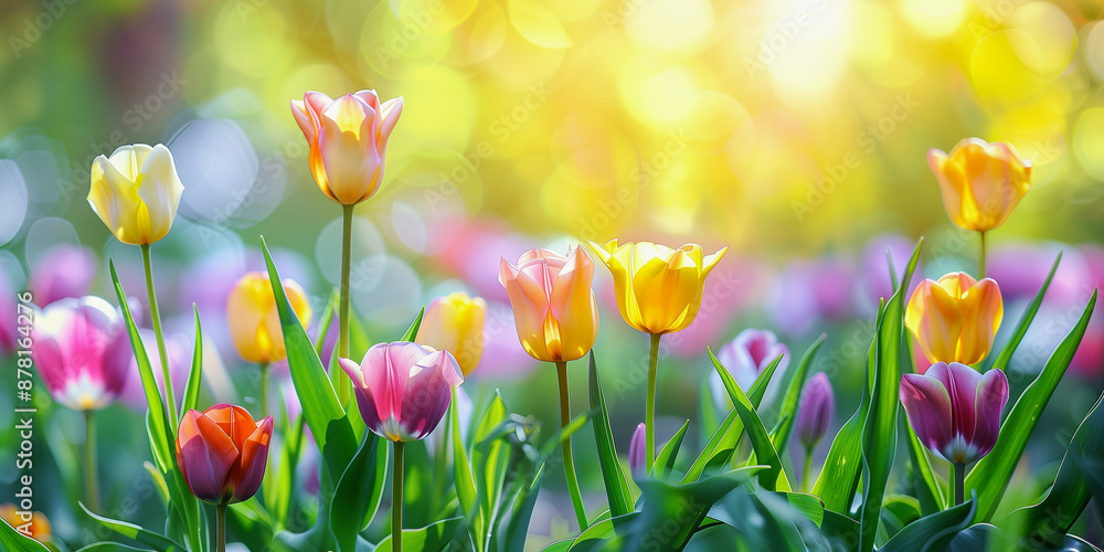 Colorful tulips spring blossoming, bokeh flower background. Generative AI Colorful tulips spring blossoming, bokeh flower background. Generative AI