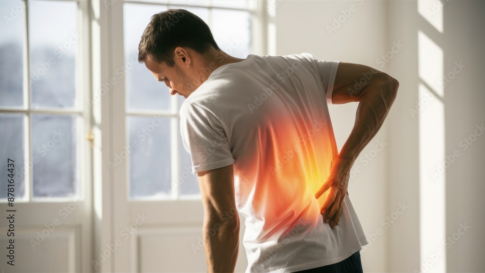 A man with back pain in a room by the window, AI
