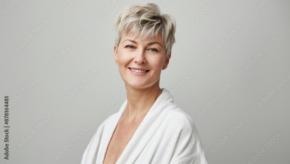 Skincare or Spa treatment smiling middle aged woman in white bathrobe at salon hotel. Advertising of bodycare procedures. clean, natural beauty glamorous hairstyle, radiant skin, makeup Skincare or Spa treatment smiling middle aged woman in white bathrobe at salon hotel. Advertising of bodycare procedures. clean, natural beauty glamorous hairstyle, radiant skin, makeup