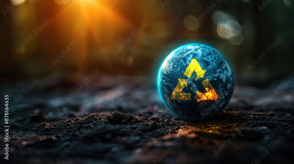 Glowing Recycle Symbol on a Blue Globe in a Forest Setting with Sunlight - Environmental Conservation Concept Glowing Recycle Symbol on a Blue Globe in a Forest Setting with Sunlight - Environmental Conservation Concept