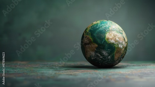 Detailed Globe on a Textured Surface with Green Background Highlighting Continents and Oceans