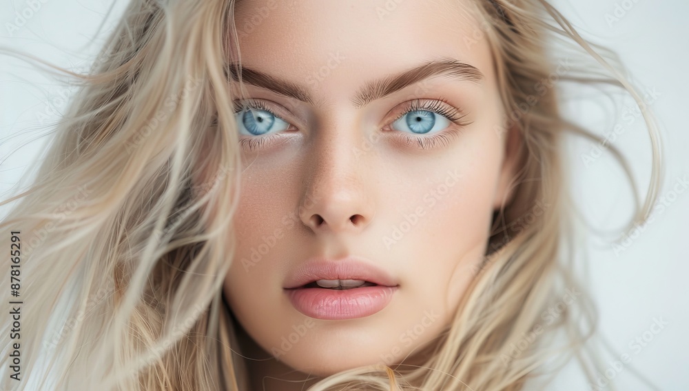 Skincare, salon, perfect face skin after detox, vitamins, collagen, isolated on grey background, wellness wellbeing concept. blonde curly hairstyle dye .Fashion, cosmetics and makeup Skincare, salon, perfect face skin after detox, vitamins, collagen, isolated on grey background, wellness wellbeing concept. blonde curly hairstyle dye .Fashion, cosmetics and makeup