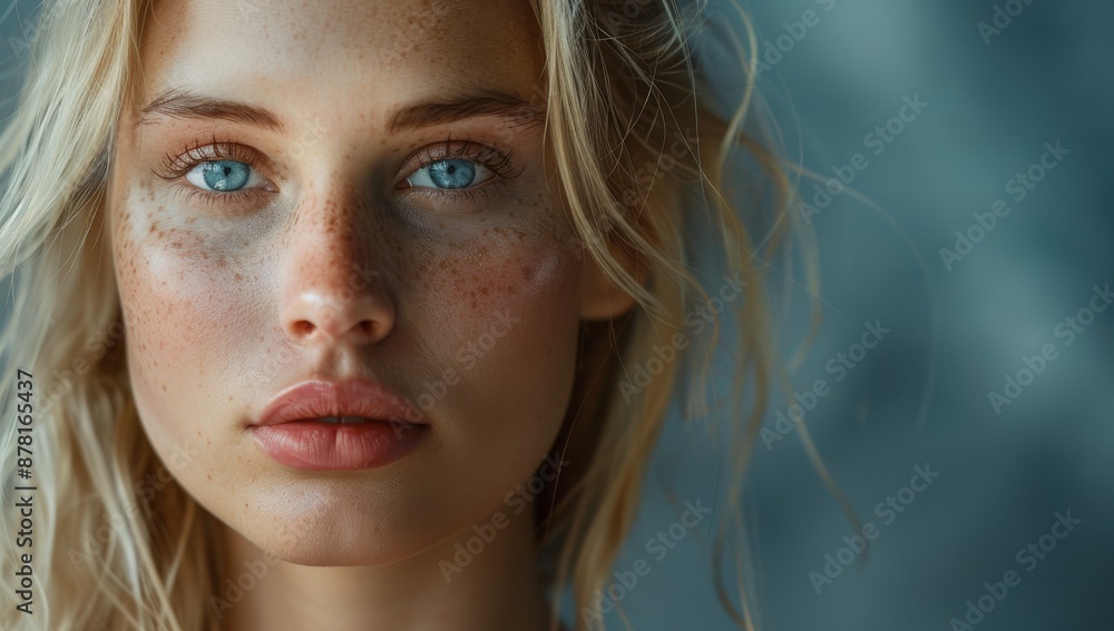 Skincare, salon, perfect face skin after detox, vitamins, collagen, isolated on grey background, wellness wellbeing concept. blonde curly hairstyle dye .Fashion, cosmetics and makeup